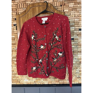 Vintage Coldwater Creek Red Granny Cardigan Embroidered Birds Beaded Cotton Sz S